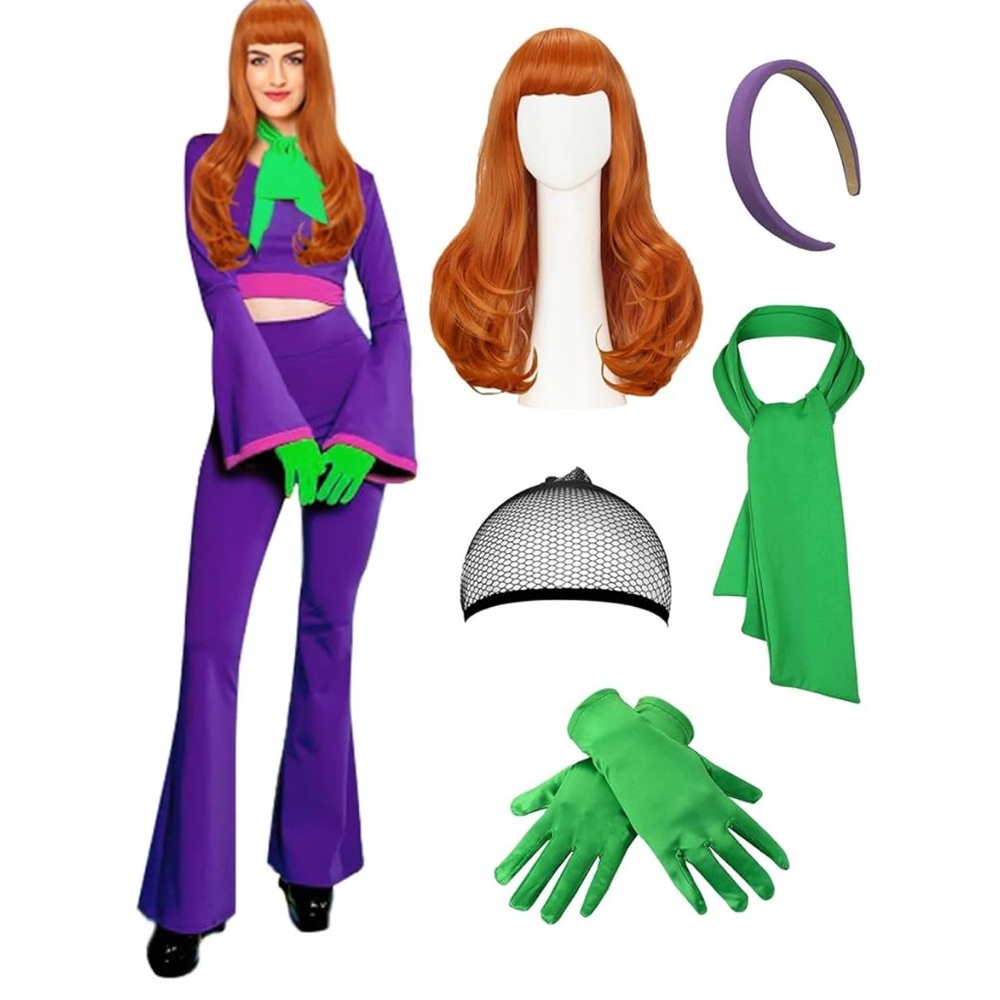 Purple and Green Women's Costume Set with Wig and Accessories
